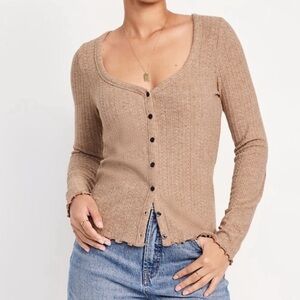 Old Navy Tan Pointelle Ribbed Knit Long Sleeve Shirt